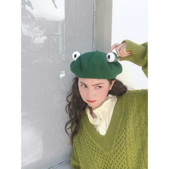 2568 Women Handmade Green Frog Eyes Balls Beret Hat Soft Wool Cap Winter main image 6